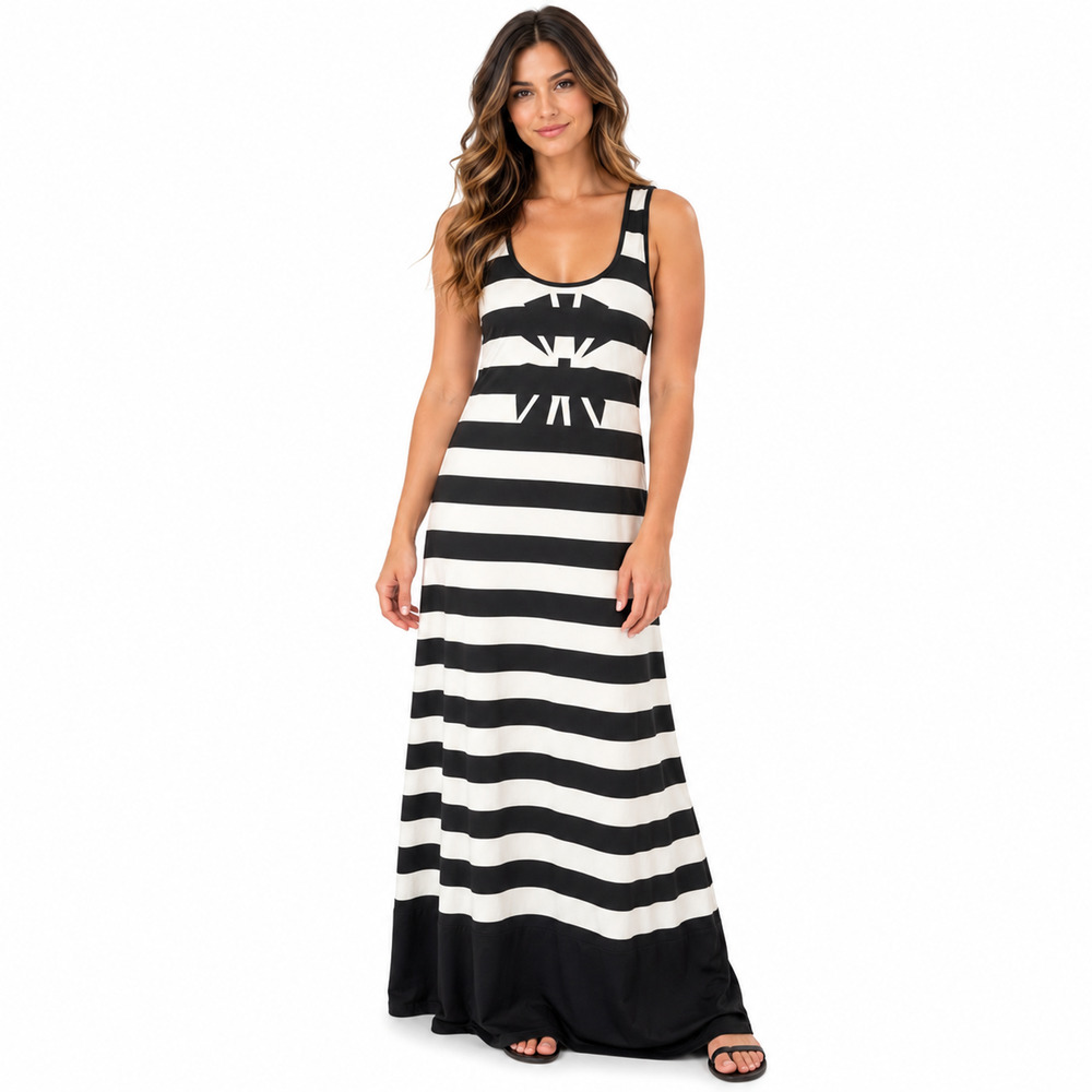 Kardashian Kollection Black White Striped Maxi Sleeveless Racerback Dress sz M